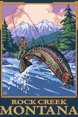 size: 18x12in Art Print: Rock Creek, Montana - Fly Fishing Scene by Lantern Press : Fishing Scene, Fly Fisherman, Breckenridge Colorado, Big Sky Country, Retro Travel Poster, Scene Art, Posters For Sale, Lake George, Art Ink