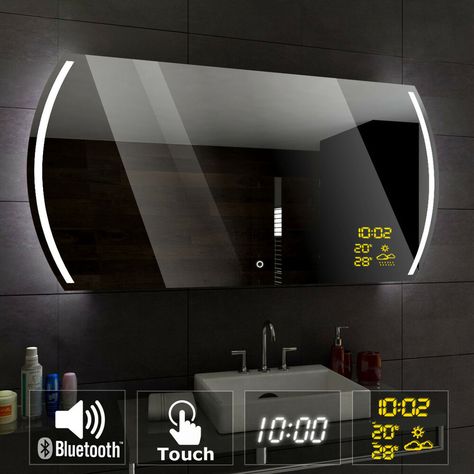 Cairo Illuminated Led bathroom mirror | Bluetooth | Touch | Clock | Weather Lights Above Mirror, Bathroom Lights Above Mirror, Led Mirror Design, Guest Bathroom Vanity, Mirrors For Living Room, Bathroom Lights Over Mirror, Large Bathroom Mirrors, Top Bathroom Design, Bathroom Mirror Design