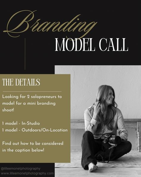 BRANDING MODEL CALL! 💻🤳💸📸 I’m looking for 2 small business owners or solopreneurs who’d like to model for a branding photoshoot! 1 model will have their Photoshoot at @sparkstudiosoc (The Main Studio), and the other will have their Photoshoot outdoors/on-location. To Be Considered: 💻 MUST be following @lilleemonetphotography 🤳 Have availability to come to either @sparkstudiosoc or on-location/outdoors within the next few weeks 💸 MUST be okay with images being shared on social media 📸 Me... Photography Model Call, Model Call Photography, Call Photography, Model Call, Branding Photoshoot, Photography Model, Small Business Owners, Small Business Owner, Model Photography