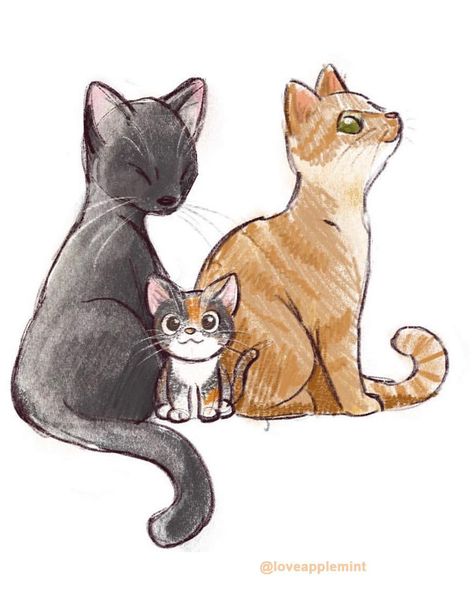 How perfect is this? Aimee @loveapplemint drew this, and for the first time in my life I, a 40-something dude, squeed. Squeed like I was a… Three Cats Drawing, Cats Drawing, Three Cats, Drawings Of Friends, Cat 2, Cat Drawing, Life I, Cool Eyes, In My Life