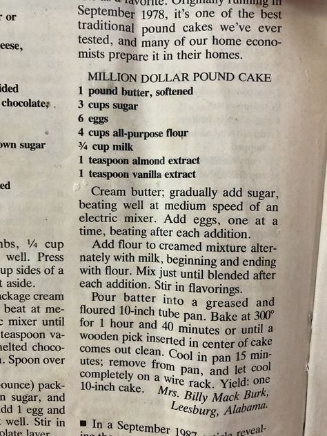 Southern Living Best Desserts issue from 12/1990.  Million dollar pound cake Million Dollar Pound Cake Recipes Moist, Southern Cake Recipes Grandmothers, Southern Living Pound Cake Recipes, Millionaire Pound Cake Recipe, Southern Pound Cake Recipes Moist, Southern Living Million Dollar Pound Cake, Almond Pound Cake, Million Dollar Pound Cake Recipes, Million Dollar Pound Cake Recipes Butter