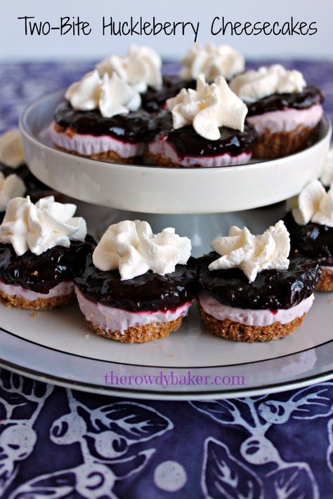 Two-bite Huckleberry Cheesecakes | The Rowdy Baker Huckleberry Cookies Recipes, Huckleberry Cake Recipes, Huckleberry Cake, Huckleberry Desserts, Huckleberry Cheesecake, Huckleberry Recipes, Huckleberry Pie, Cheese Tarts, Berries Recipes