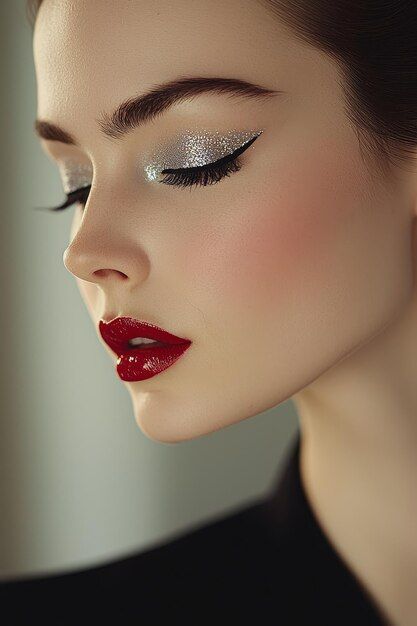 Red And Silver Makeup Looks, Silver And Red Makeup, Red And Silver Makeup, Gala Makeup, Silver Glitter Eye Makeup, Winter Gala, Womans Face, Grey Makeup, Silver Makeup