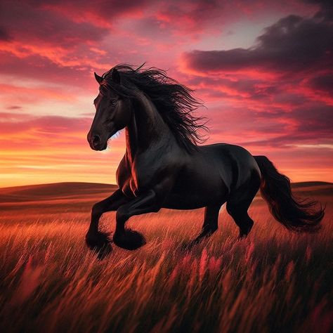 Wild Stallion Under Sunset Skies A powerful black stallion running freely across a grassy plain, with the sky painted in hues of orange and pink from a vibrant sunset. #NationalChampion #Friesian #FriesianHorse #FriesianStallion #NobelSteed #Dutch #SpanishHorse #carthusianhorse #showhorse #altaescuela #cheval #caballos #saddleseat #headshot Horses Sunset, Wild Stallion, Friesian Stallion, Sunset Skies, Shire Horse, Show Horse, Black Stallion, Horse Treats, Horse Tattoo