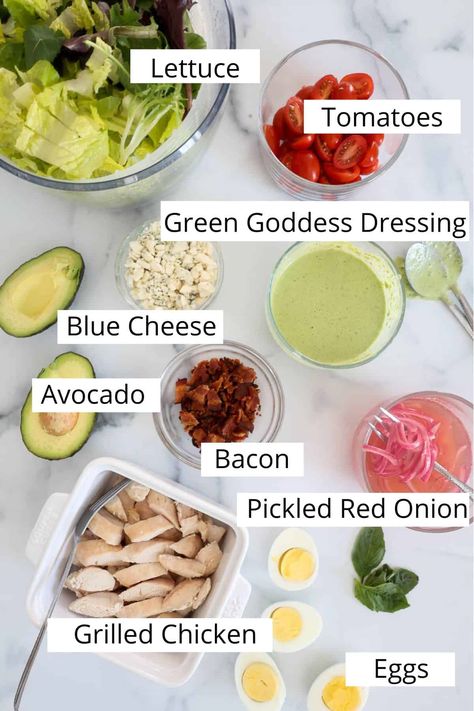 This copycat recipe for Panera Green Goddess Salad with lean chicken breast and crispy bacon and is topped with Panera's signature pickled onions and famous green goddess salad dressing for the most delicious cobb salad ever.   It's a low carb, high protein, perfect for meal prep lunch or dinner that you can make right at home! Green Goddess Cobb Salad Panera Copycat, High Protein Cobb Salad, Green Goddess Salad Panera, Panera Greek Salad Recipe, Panera Green Goddess Dressing, Panera Green Goddess Salad, Green Goddess Chicken Salad, Picked Red Onions, Goddess Salad Dressing