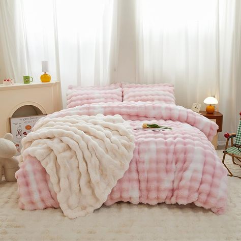 PRICES MAY VARY. Product Size：Comforter*1（90*90 INCH） Standard Pillowcase*2 （20*30 INCH）. Product Materials：The front of the comforter and pillow cases are made of plush, which is beautiful and unique. The back is made of crystal velvet, filled with 222gsm rain cotton, very soft and warm. Product Workmanship：There are many stitches on the comforter to fix the filling, and it will not affect the shape of comforter. PRODUCT SUGGESTION:Since the Comforter is Packaged in a Vacuum Bag, It is Highly R Cute Bed Set Up, Pink Preppy Bedding, Cute Sheet Sets, Bed Comforter Sets Pink, Colorful Bedsheets, Cute Bed Sheets Aesthetic, Pink Bedding Aesthetic, Cute Comforter Sets, Cute Christmas Bedroom Ideas