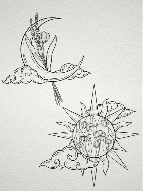 Sun and moon tattoo delicate lineart with florals and flowers inside and clouds around them Moon Phase And Sun Tattoo, Double Forearm Tattoo, Sun And Moon Tattoo Matching Tarot, Tarot Matching Tattoos, Boho Sun And Moon Art, Sun And Moon Tricep Tattoo, Floral Sun Tattoo Design, Matching Linework Tattoo, Moon And Sun Friend Tattoo