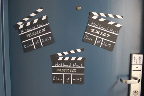 Film clapper door nametags Camera Door Decs, Door Decorations Name Tags, Film Clapper, Ra Door Decs, Ra Bulletins, Ra Boards, Ra Bulletin Boards, Res Life, Resident Assistant