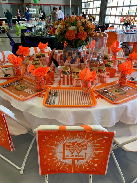 Senior Breakfast Table Ideas, Whataburger Birthday Party, Whataburger Party, Senior Serve Table Ideas, Senior Serve Table, Restaurant Birthday Party, Purse Bingo, Senior Breakfast, Senior Table