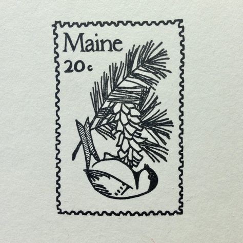 Chickadee Tattoo, Maine Tattoo, Van Gogh Tattoo, Stamp Drawing, State Tattoos, White Pine Cone, Stamp Tattoo, Maine State, State Of Maine