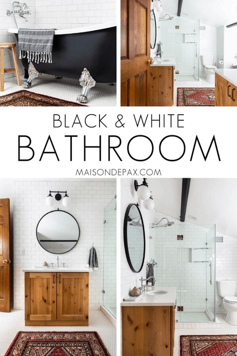 You won't believe this attic bath! Tour a classic black and white bathroom complete with a black clawfoot tub and charming, angled walls. #blackandwhitebathroom #bathroomdesign #clawfoottub Wood White And Black Bathroom, Black White And Wood Bathroom Modern, Hickory Vanity Bathroom, White Bathroom Black Floor, Black And White And Wood Bathroom, Black White Wood Bathroom, Black White And Wood Bathroom, Classic Black And White Bathroom, Dr Bathroom