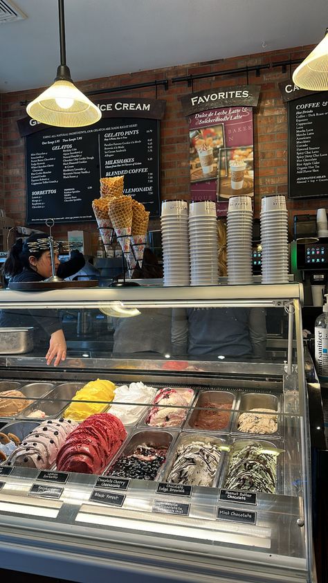 Ice Cream Cafe Aesthetic, Ice Cream Parlour Aesthetic, Ice Cream Place Aesthetic, Working At An Ice Cream Shop Aesthetic, I’ve Cream Shop Aesthetic, Ice Cream Gelato Aesthetic, Gelato Shop Aesthetic, I’ve Cream Shop, Creamery Shop