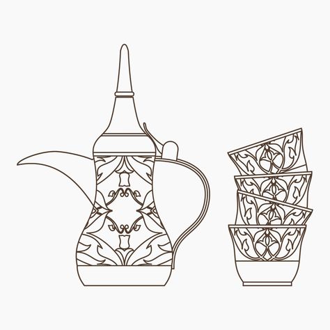 Arabic Coffee Tattoo, Arabic Coffee Drawing, Middle Eastern Tattoo, Arabian Illustration, Arab Illustration, Dallah Arabic Coffee, Arabic Symbols, Tea Pot Illustration, Tea Tattoo