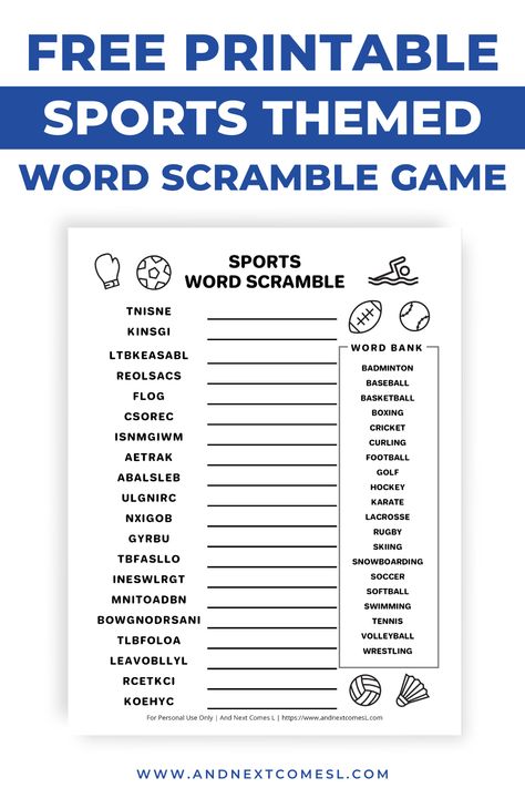 Looking for a quick and easy activity for a sports unit? Try this free printable sports word scramble game. It's perfect for kids who love sports! It includes two versions (one with a word bank and one without). And yes it comes with an answer key! Free Sports Printables, Sports Printables, Printable Sports, Dodger Game, Scramble Game, I Spy Games, Activity Sheets For Kids, Word Scramble, Word Bank