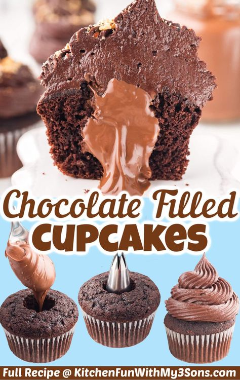 This Chocolate Filled Cupcakes Recipe is one of the most perfect chocolate desserts I’ve ever tried. The cupcake is rich and moist and filled with smooth Nutella filling. I promise it will become a new family favorite. Chocolate Filled Cupcakes Easy, Filled Cupcakes Easy, Chocolate Filled Cupcakes, Cupcake Filling Recipes, Cream Filled Cupcakes, Nutella Filling, Chocolate Cupcakes Filled, Best Chocolate Cupcakes, Best Chocolate Desserts