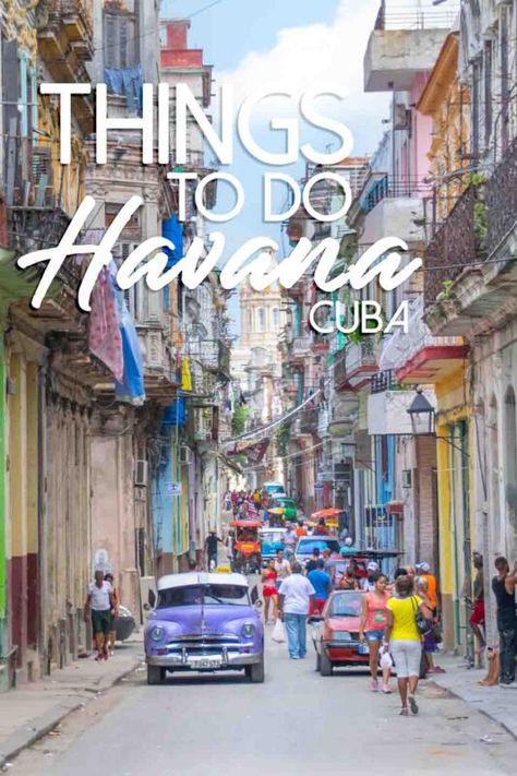 Old car going down the streets of Havana Cuba with people walking on the sidewalk and street Cuba Itinerary, Travel To Cuba, Cuba Beaches, Visit Cuba, Cuba Travel, Caribbean Travel, Havana Cuba, South America Travel, North America Travel