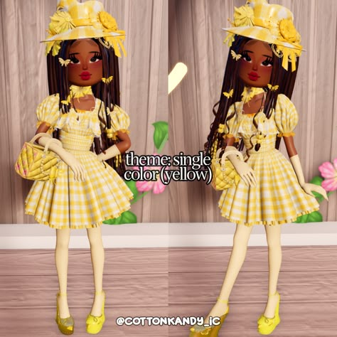 dress to impress theme single color yellow outfit inspo no vip Dress To Impress Colorful Theme, Dress To Impress Yellow Theme, Yellow Dress To Impress, Dress To Impress Single Color, Vip Dress, Roblox Dress, Color Outfits, Dti Fits, Yellow Theme