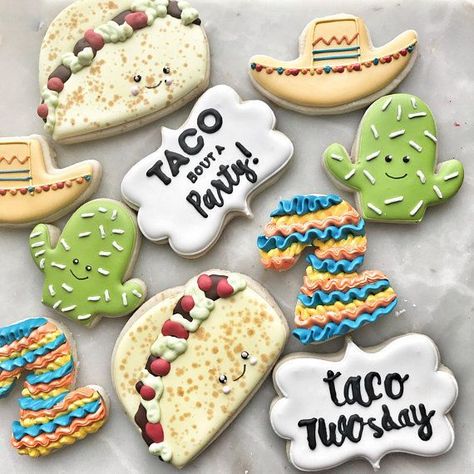 Taco Twosday Party Easy Manicotti Recipe, Blueberry Shortbread, Taco Twosday, Theme First Birthday, First Birthday Cookies, Cookie Decorating Party, Cereal Bar, Taco Party, Food Allergens