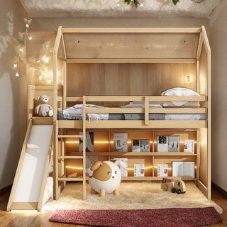 Modern 3 Beds In 1 Twin Size Wood House Loft bed With Slide,Storage Shelves And Light - Bed Bath & Beyond - 40658262 Bunk Bed Play Area, Loft Bed For Boys Room, Cute Loft Bed Ideas, Boys Toddler Room, Toddler Loft Bed, Toddler Bed With Slide, Whimsical Playhouse, Loft Bed For Kids, Dream Beds