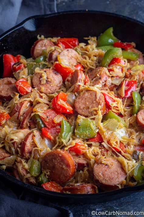 If you are looking for a super easy low carb dinner recipe or kielbasa recipes for dinner then you are going to love this kielbasa and sauerkraut skillet recipe! Kielbasa Sauerkraut, Kielbasa And Sauerkraut, Kielbasa And Potatoes, Kielbasa Recipes, Sausage Peppers, Sauerkraut Recipes, Frugal Girls, Skillet Dinners, Carb Dinner