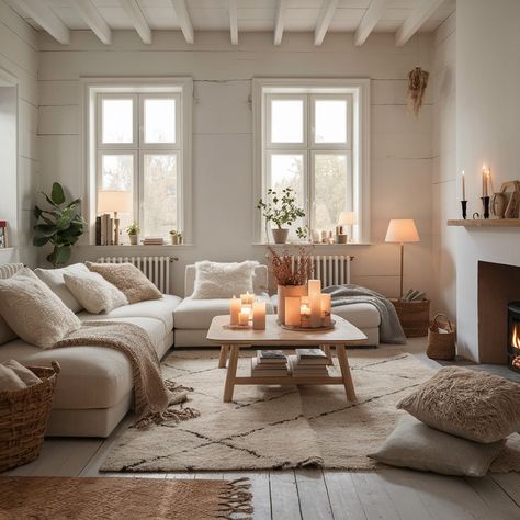 A cozy hygge-inspired home that’s all about comfort 🕯️💖 #hyggehome #interiordesign #design #designinspo Hygge Sitting Room, Sw Natural Linen, Bay Window Shades, Cozy Hygge Living Room, Hygge Home Inspiration, Sw Evergreen Fog, Hygge Dinner, Hygge Apartment, Hygge Lighting