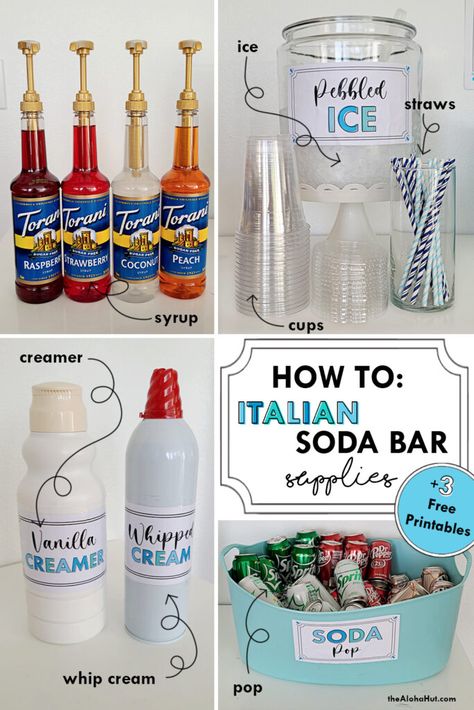 Italian Cream Soda Bar Party Ideas, Italian Soda Station, Italian Sodas Bar, Diy Italian Soda Bar, How To Make An Italian Soda, Italian Soda Combinations, Non Soda Drinks, Italian Cream Sodas, Soda Party Ideas