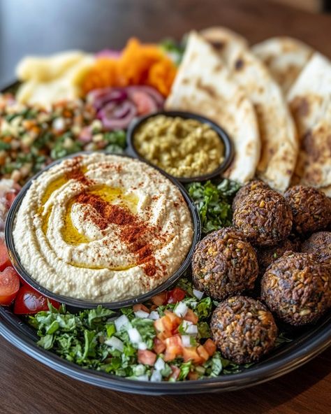 Mediterranean Mezze Platter with Hummus, Falafel, and Pita Hummus Pita Platter, Falafel Charcuterie Board, Moroccan Themed Dinner Party, Falafel Platter Ideas, Falafel With Hummus, Mediterranean Hummus Platter, Middle Eastern Platter, Mediterranean Mezze Platter, Healthy Arabic Food