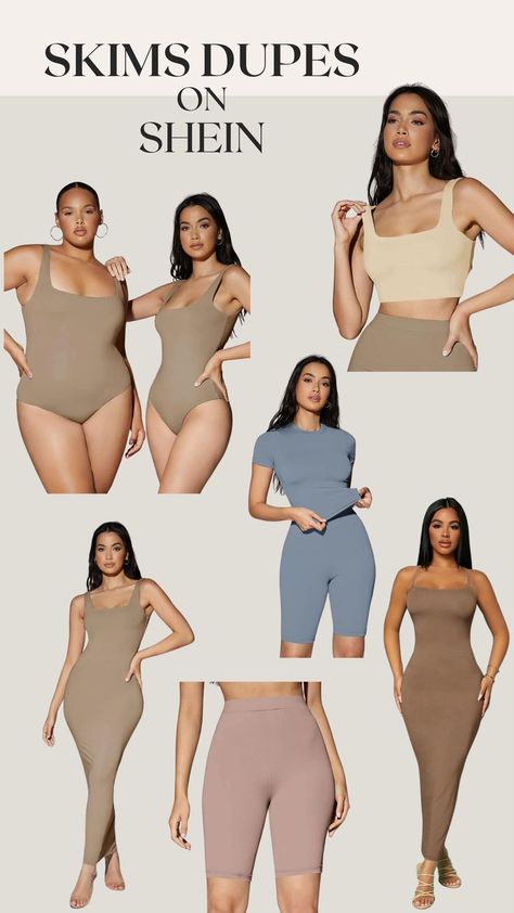 Skims dupes on Shein. Fashion clothes, trendy clothes, minimalist clothes, fashion dress, crop top. outfit inspo spring summer 2022, minimalist outfit Shein Minimalist Outfits, Skim Dressed Outfit, Shein Basic Outfits, Shein Tops Outfit, Shein Outfits Dresses, Shein Tops Summer, Nude Top Outfit, Shein Dress Classy, Shein Summer Outfits