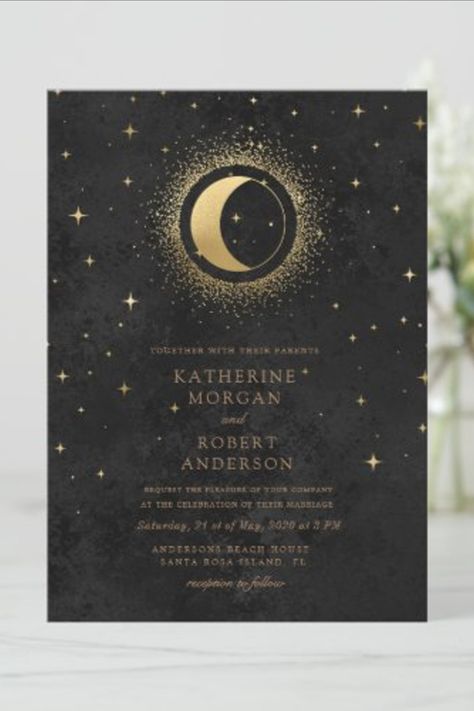 Our "Celestial Gold Wedding" collection features a beautiful crescent moon with gold stars in various designs on velvet backgrounds paired with elegant fonts. Stars Wedding Invitations, Celestial Magic, Moon Wedding, Celestial Wedding, Foil Wedding Invitations, Stars Moon, Rsvp Postcard, Black Stars, Foil Invitations