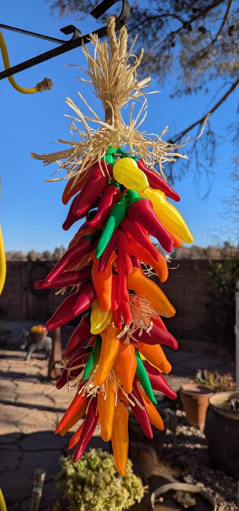 Adorn your patio, gate or the front of your home with this stunning ristra.  Perfect for a  housewarming gift, holiday decor or a unique gift.  Peppers are individually made on a 3d printer and hand tied with hemp string to a braided rope then embellished with corn husk. The beautiful Chile Ristra's are made in the southwestern United States.  Each ristra is individually hand made, colors might vary. Chile's have been treated with a light coat of UV protective spray to make your pepper wreath last longer in the sun and heat.   Ristras are often used for decoration and are said to bring good health and good luck.  🛠️ Dimensions: 17 inches long from top of rope loop to bottom of pepper  🌎 Eco-Friendly:  Made with biodegradable and recyclable PLA filament.  PLA is derived from renewable res Pepper Wreath, Chile Ristra, Chile Pepper, Corn Husk, Light Coat, Braided Rope, Door Wreath Hanger, 3d Printer, Housewarming Gift