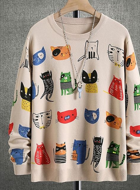 Men Cartoon, Beige Pullover, Streetwear Mode, Pola Sulam, Cartoon Pattern, Knitwear Men, Sweaters Online, Pattern Sweater, Men's Knit