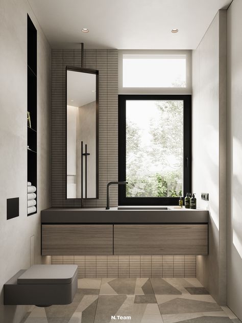 VILLAGGO HOUSE on Behance Bathroom Sink In Front Of Window, Bathroom With Grey Floor, Grey Bathrooms Designs, Wc Design, Modern Bathroom Interior, Team Design, Toilet Design, Bathroom Windows, House Bathroom