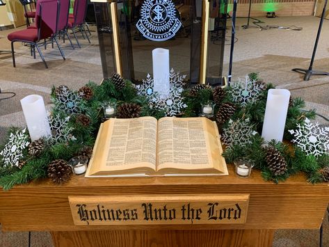 Communion Table Decorations, Advent Church Decorations, Bible Decor, Sanctuary Decor, Church Foyer, Church Pulpit, January Decorations, Alter Decor, Winter January