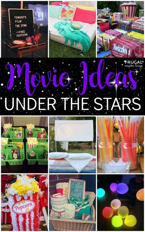 Under The Stars Party, Outdoor Movie Night Party, Diy Backyard Movie, Backyard Movie Night Party, Outdoor Movie Party, Outside Movie, Backyard Movie Party, Outdoor Movie Theater, Movie Night Birthday Party