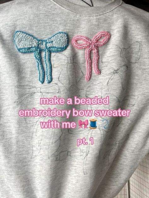 Beaded T Shirts Diy, Embroidered Beads On Clothes, Embroidery Beads Designs, Beaded Tshirts, Beaded Embroidery Shirt, Patchwork Shirt Diy, Sweatshirt Diy, Bow Embroidery, Beaded Shirt