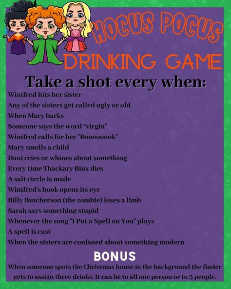 Hocus Pocus Party Games For Adults, Hocus Pocus Alcoholic Punch, Hocus Pocus Games For Adults, Scary Movie Drinking Games, Halloweentown Drinking Game, Hocus Pocus Drinking Game, Halloween Punch Alcohol, Hocus Pocus Movie Night, Halloween Drinking Games