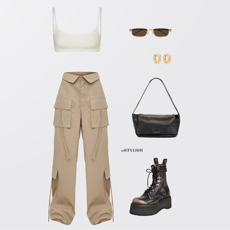 Fashion Modern Style, Beige Cargos, White Top Outfit, Trendy Festival Outfits, White Tops Outfit, Outfit Beige, Beige Cargo Pants, Nude Outfits, Beige Cargo