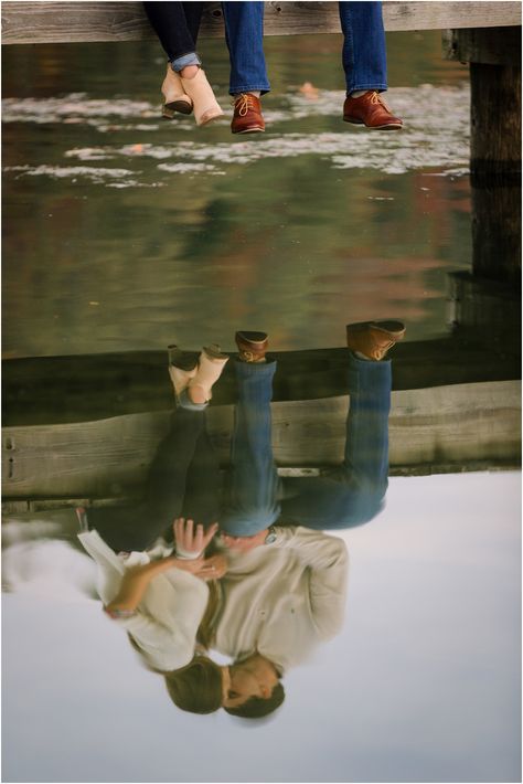 Creative engagement photo ideas sitting on a dock with a reflection on the water in Knoxville TN. Dock Family Photos, Engagement Photo Water, Dockside Engagement Photos, Creative Engagement Photos Ideas Funny, Engagement Photos Funny Creative, Fall Inspired Engagement Photos, Lake Dock Engagement Pictures, Kayak Engagement Photos, Couples Photos By Lake