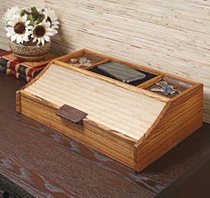 This practical organizer is a great way to show off special materials and try out unique techniques, as well. Woodsmith Plans, Advanced Woodworking Plans, Wood Crafting Tools, Dresser Top, Woodworking Toys, Diy Wallet, Woodworking Patterns, Woodworking Classes, Woodworking Joints