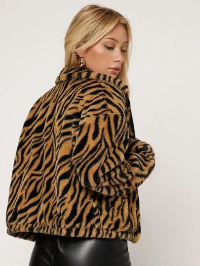 Coats Jackets | Fashion Coats Jackets | SHEIN USA Fuzzy Coat, Faux Fur Coats, Jackets Fashion, Fur Coats, Tiger Stripes, Faux Fur Coat, Coat Fashion, Jacket Style, Stripe Print