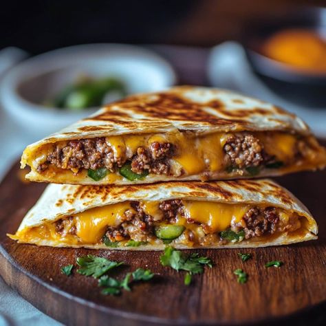 Cheeseburger Quesadillas - Insanely Good Cheeseburger Quesadillas, Cheeseburger Quesadilla, Quesadilla Recipes Beef, Quesadilla Burgers, Sliced Pickles, Cheeseburger Wraps, Quesadilla Recipes Easy, Beef Quesadillas, Drinks Breakfast