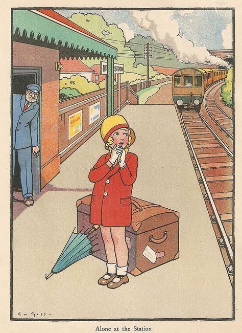 book illustration by G.W. Goss. Childhood Images, Train Illustration, Vintage Childhood, Vintage Book Art, Story Books Illustrations, British Railways, Canvas Art Projects, Train Art, Childrens Books Illustrations