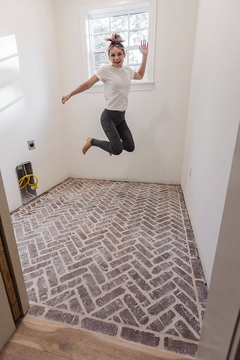 Heights House Laundry Room Reveal - Jenna Sue Design Brick Floor Herringbone, Grey Brick Floor Tile, Red Brick Tile Floor, Brick Floor Patterns, Laundry Room Brick Floor, Tile That Looks Like Brick Floor, Brick Floor Mudroom, Brick Floor Tile, Entryway Nook