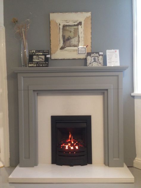 The Bossart #firesurround in #farrowandball Manor House Grey. Can be painted in any colour. Also with white #crystalmarble and a Virage HE Gas Fire Grey Painted Fireplace Surround, Fire Surround Same Colour As Wall, Painted Gas Fireplace, Gas Fire Surround Ideas, Gas Fires Living Room, Grey Mantle Fireplace, Grey Fireplace Surround, Painted Fireplace Surround, Fire Places Ideas