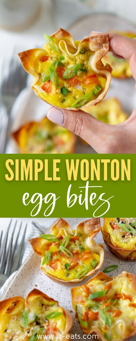 Egg Wonton Wrapper Recipes, Egg Wonton Cups, Wonton Egg Cups, Breakfast Wonton Recipes, Brunch Egg Bites, Wonton Bites Appetizers, Easy Breakfast Egg Bites, Wonton Breakfast Cups, Wonton Breakfast Recipes