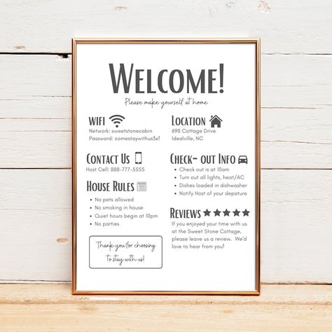 Air Bnb Welcome Table, Air Bnb Rules Template, Airbnb Rules For Guests, Airbnb Bedroom Decor, Short Term Rental Decor, Lake Airbnb, Airbnb Templates, Airbnb Checklist, Airbnb House Rules