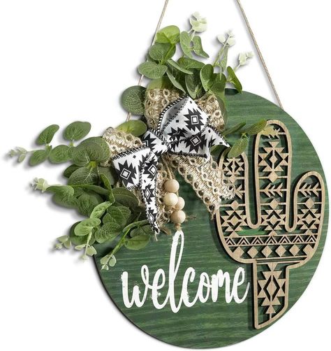 12-Inch Aztec Cactus Welcome Sign for Front Door - Boho Round Wooden Wreath Outdoor Wall Hanging, Farmhouse, Porch Decor, Garden Suitable for All Seasons and Holidays Outdoor Wall Hanging, Welcome Door Sign, Wooden Wreath, Decor Western, Western Aztec, Diy Front Porch, Welcome Door Signs, Front Elevation Designs, Wooden Welcome Signs