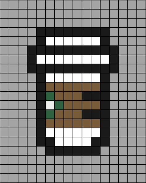 A pixel art template of a Starbucks coffee cup for taking away (with the extra cardboard safety bit). Also used for other hot beverages, like hot chocolate. Pixel Art Easy Ideas, Perler Bead Patterns Starbucks, Perler Beads Ideas Starbucks, Pixel Art Boba, Pixel Art Chocolate, Pixel Art Boba Tea, Pixel Art Anime Easy, Boba Tea Perler Bead Pattern, Coffee Pixel Art