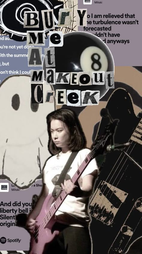 A Mitski collage themed of ‘bury me at makeout creek’, on the collage is quotes of songs form that album, a ghost drawing and swirl drawing are in, they’re basically the whole theme of it ig idk lol Mitski Collage Wallpaper, Miski Wallpapers, Mitski Background, Mitski Collage, Mitski Lockscreen, Mitski Pfp, Mitski Wallpapers, Mitski Poster, Cute Iphone Wallpaper Tumblr