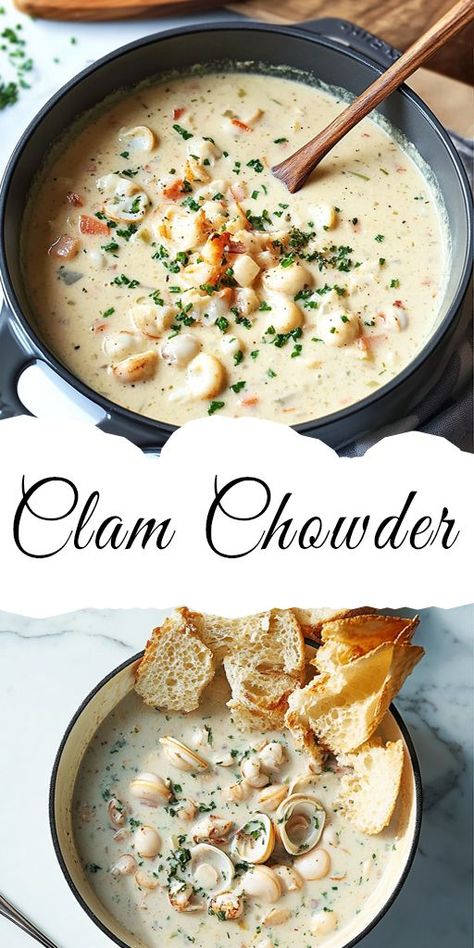 Warm up with a bowl of creamy Clam Chowder! 🥣✨ Loaded with tender clams, hearty potatoes, and smoky bacon, this classic comfort food is perfect for chilly evenings. ❄️ A restaurant-quality recipe you can make at home! #ClamChowder #SeafoodSoup #ComfortFood Oyster Mushroom Clam Chowder, Crab And Clam Chowder, Classic New England Clam Chowder, Diy Clam Chowder, Corn Clam Chowder Recipe, White Clam Chowder, Dutch Oven Clam Chowder, Clam Chowder Crockpot Easy, Frozen Clams Recipes